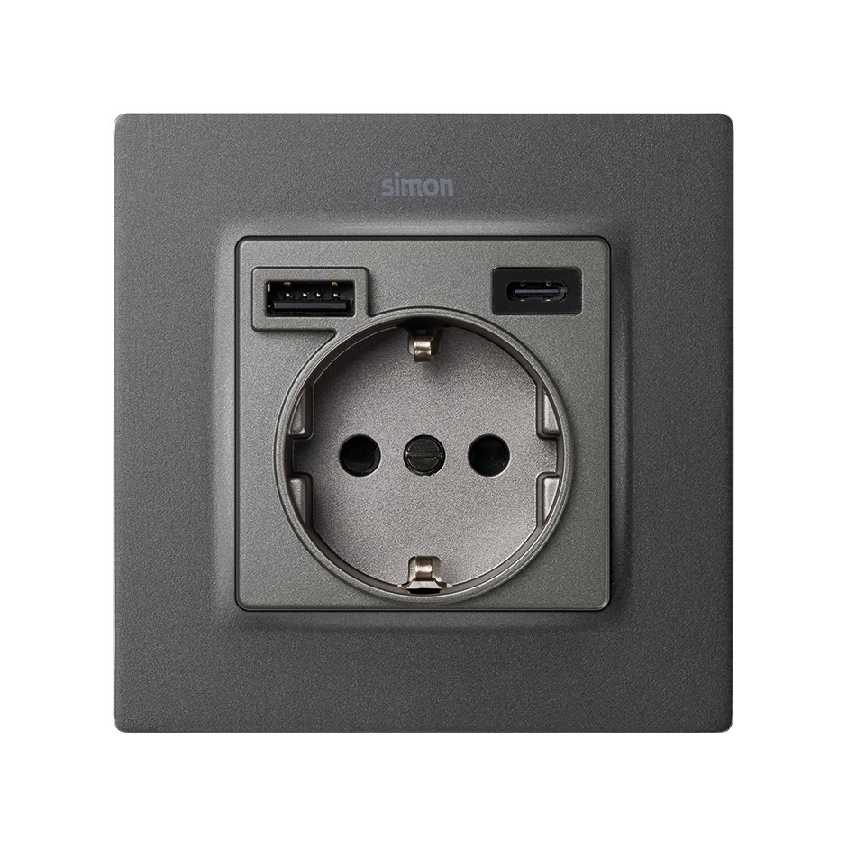TAPA PARA LA BASE DE ENCHUFE SCHUKO CON 2 CARGADORES USB A + C 10,5W TITANIO SIMON 82 CONCEPT