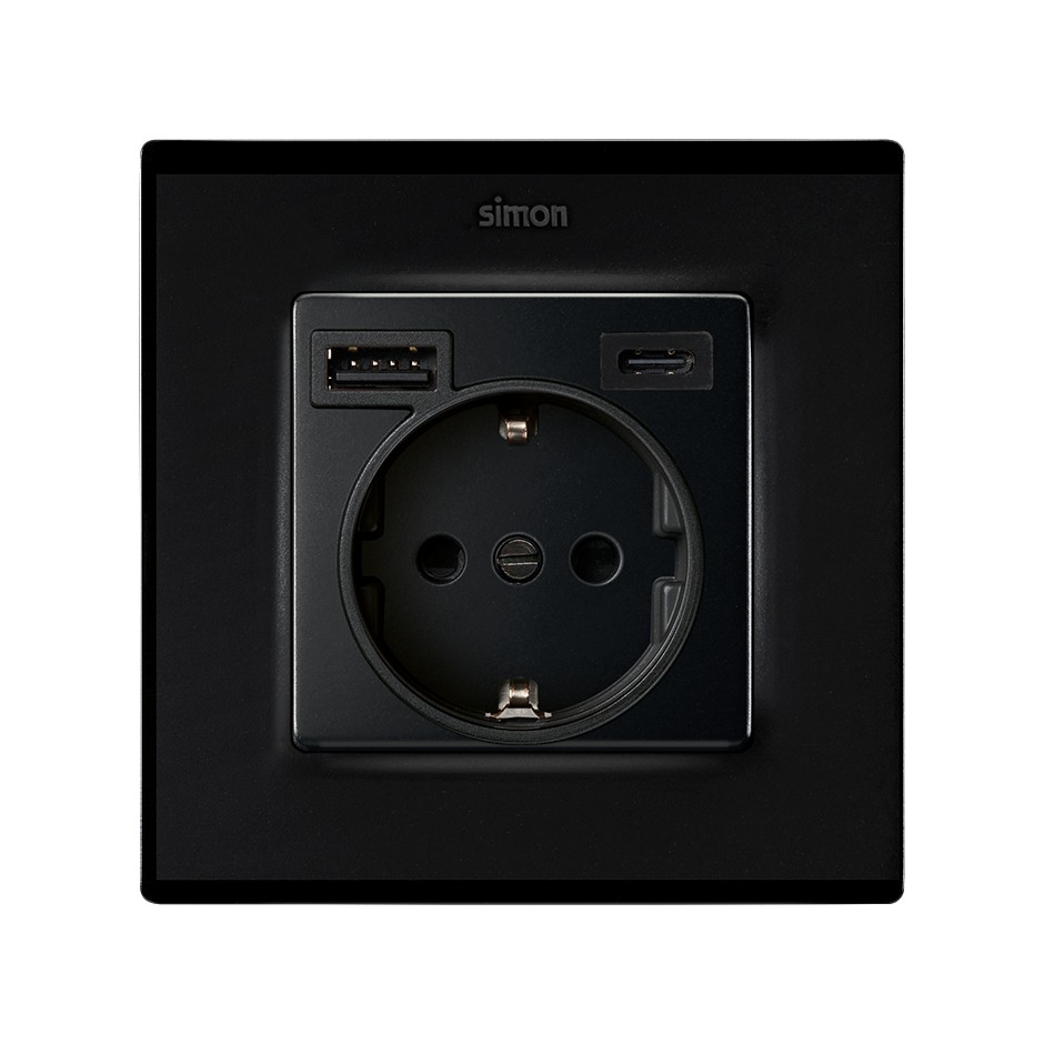 TAPA PARA LA BASE DE ENCHUFE SCHUKO CON 2 CARGADORES USB A + C 10,5W NEGRO MATE SIMON 82 CONCEPT