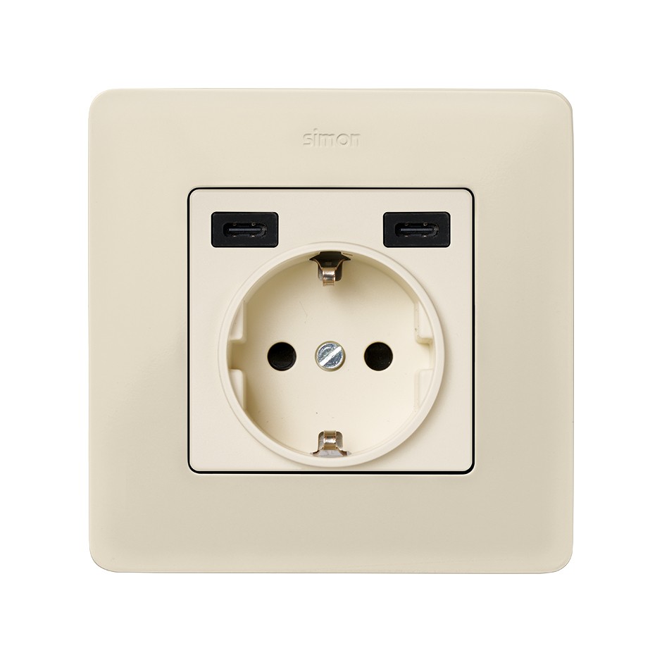 TAPA BASE ENCHUFE SCHUKO CON 2 USB C+C MARFIL SIMON 82
