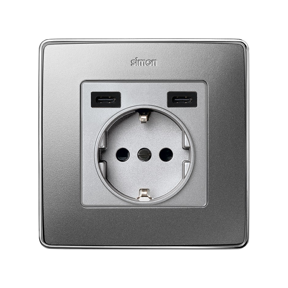 TAPA BASE ENCHUFE SCHUKO CON 2 USB C+C ALUMINIO MATE SIMON 82