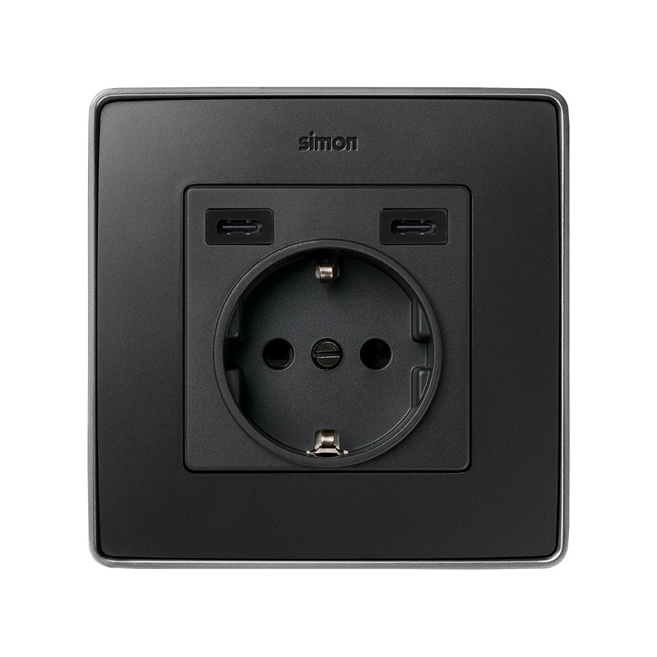 TAPA BASE ENCHUFE SCHUKO CON 2 USB C+C GRAFITO SIMON 82