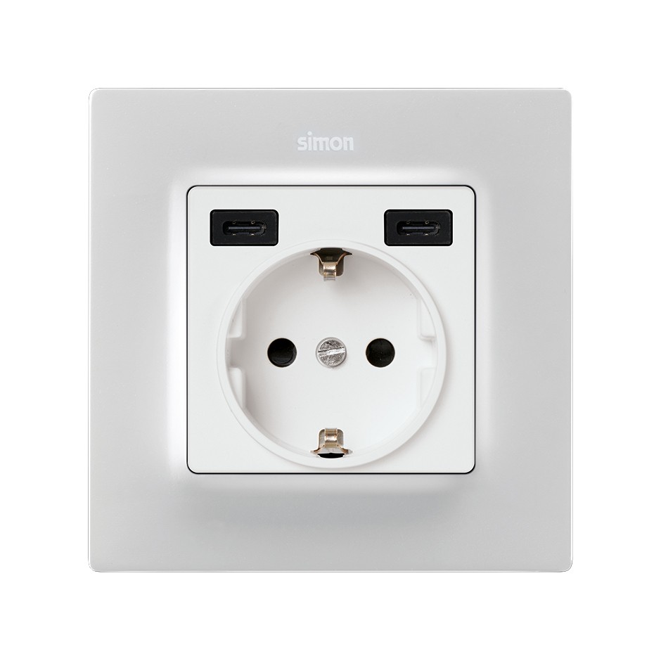 TAPA BASE ENCHUFE SCHUKO CON 2 USB C+C BLANCO MATE SIMON 82