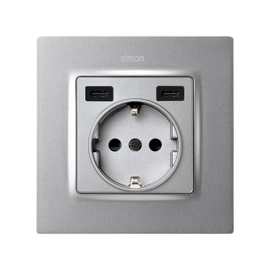 TAPA BASE ENCHUFE SCHUKO CON 2 USB C+C ALUMINIO SIMON 82