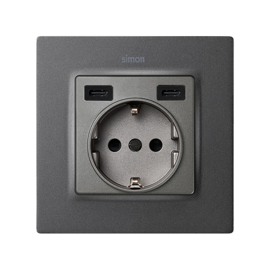 TAPA BASE ENCHUFE SCHUKO CON 2 USB C+C TITANIO SIMON 82