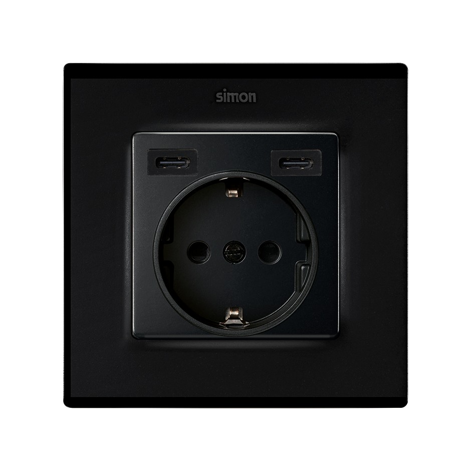 TAPA BASE ENCHUFE SCHUKO CON 2 USB C+C NEGRO MATE SIMON 82