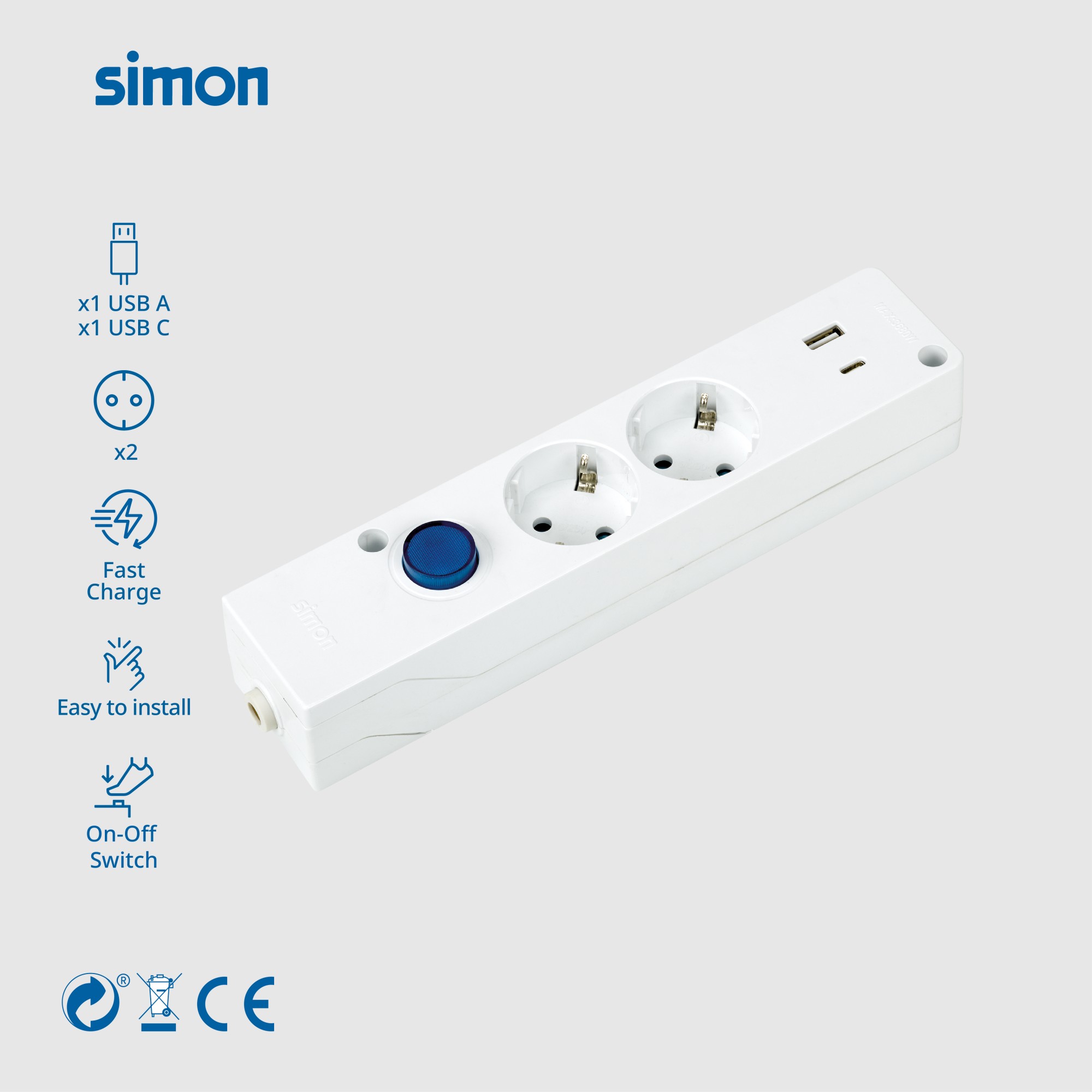 BASE MULTIFIX CON 2 TOMAS SCHUKO + 2 USB (A+C) QC
