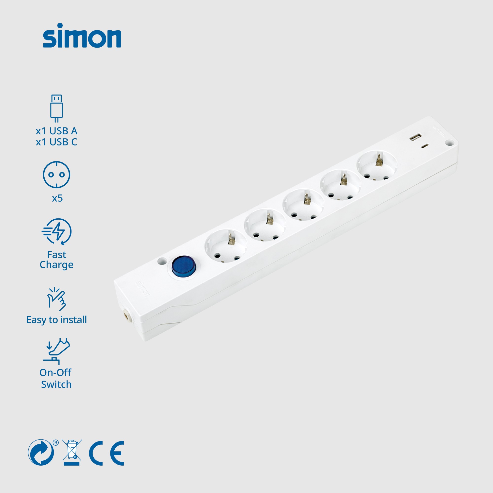 BASE MULTIFIX CON 5 TOMAS SCHUKO + 2 USB (A+C) QC