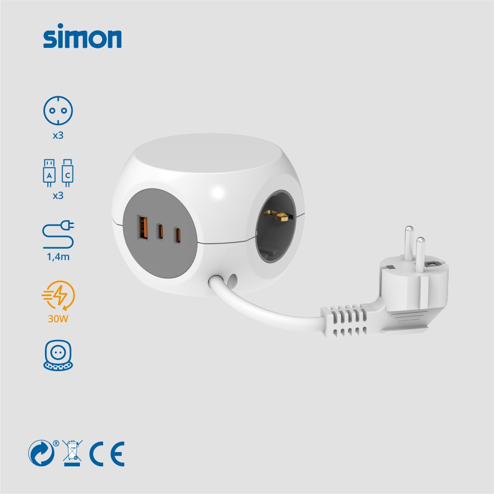 BASE MÚLTIPLE COMBIBALL CON 3 TOMAS + 1 USB A + 2 USB C 30W