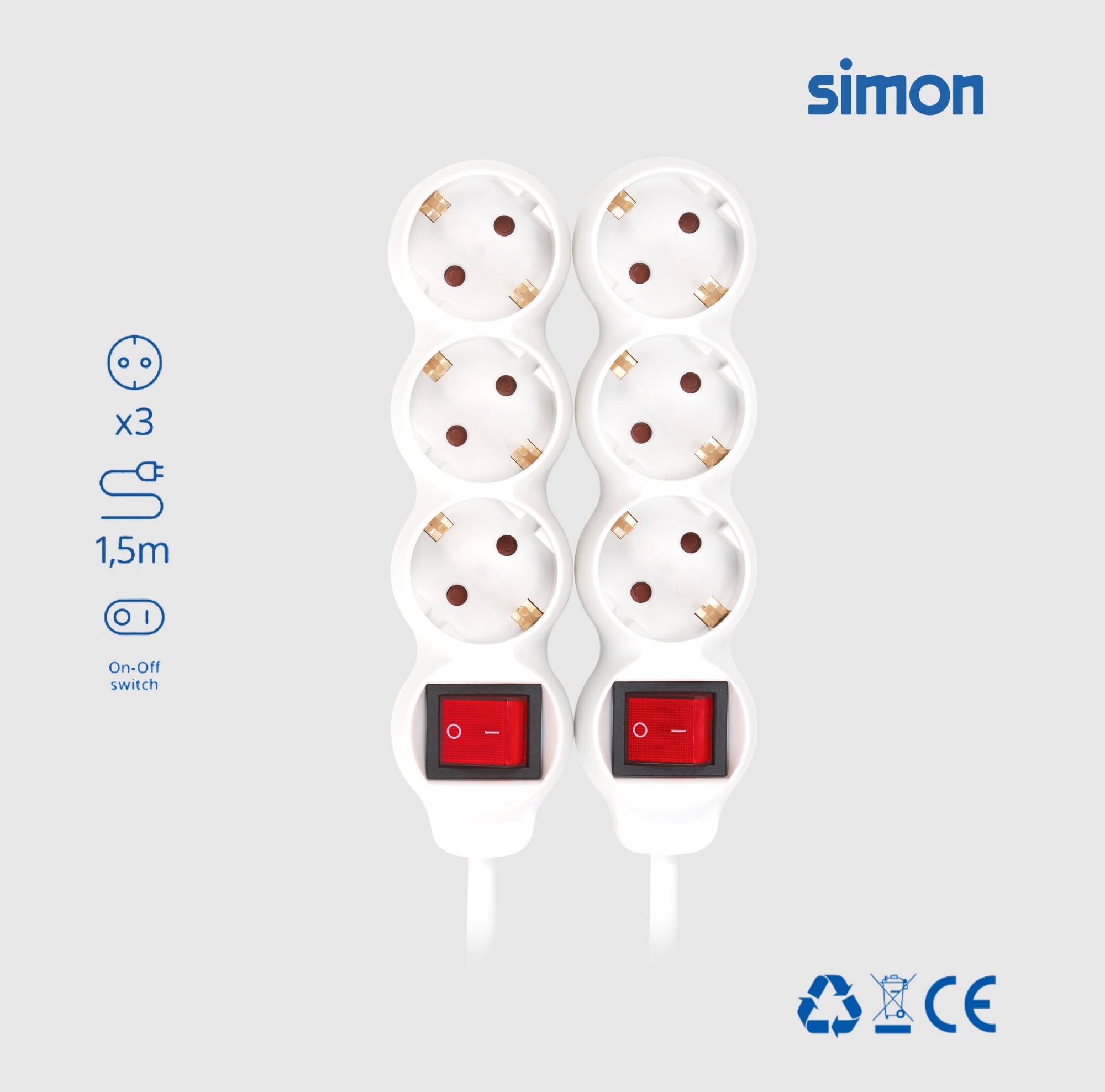 PACK 2U BASE 3 TOMAS TT INTERRUPTOR CABLE 1,5M 3G1.5 BLANCO