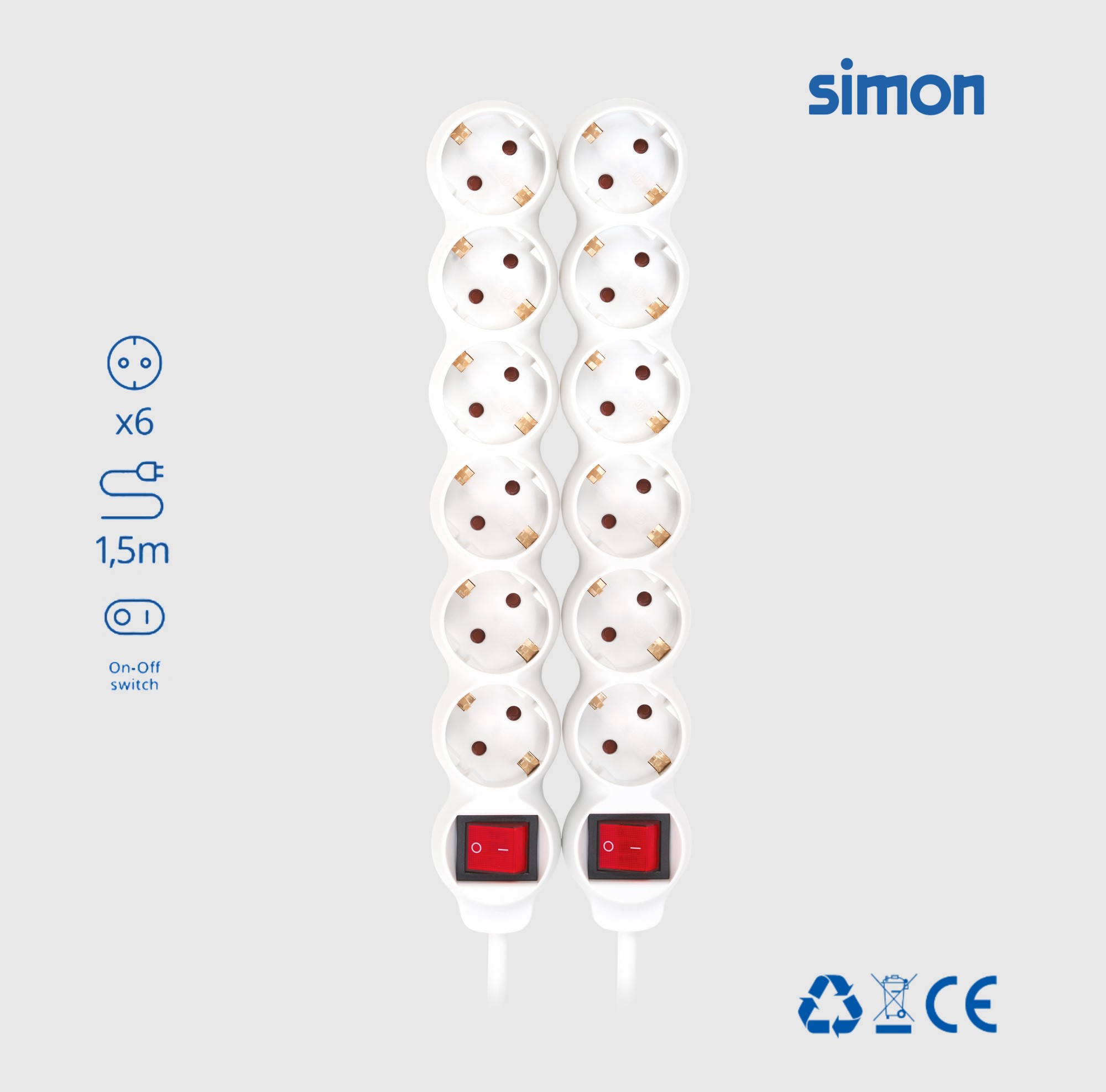 PACK 2U BASE 6 TOMAS TT INTERRUPTOR CABLE 1,5M 3G1.5 BLANCO