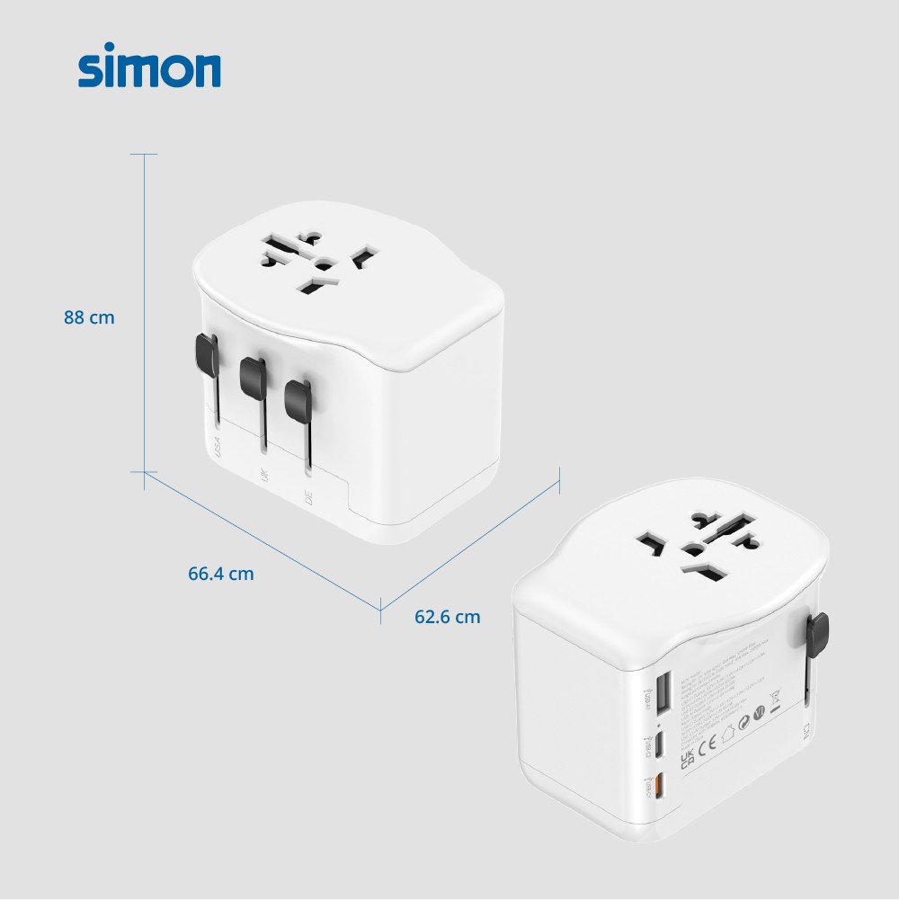 ADAPTADOR DE VIAJE UNIVERSAL 2 USB C + 1 USB A 65W SIMON