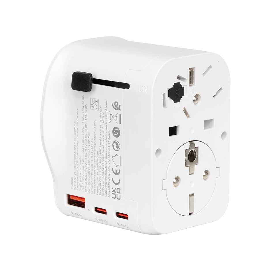 ADAPTADOR DE VIAJE UNIVERSAL 2 USB C + 1 USB A 65W SIMON