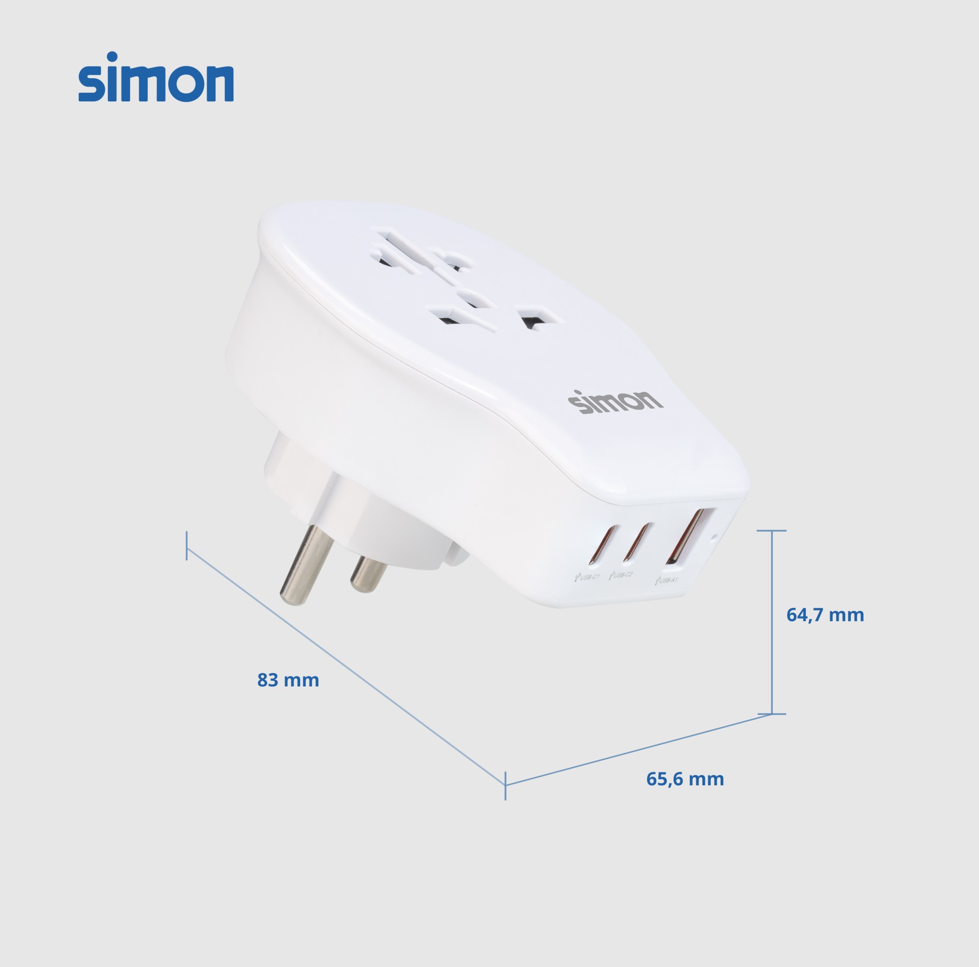 ADAPTADOR DE VIAJE UNIVERSAL PARA EUROPA USB A + 2 USB C 20W SIMON