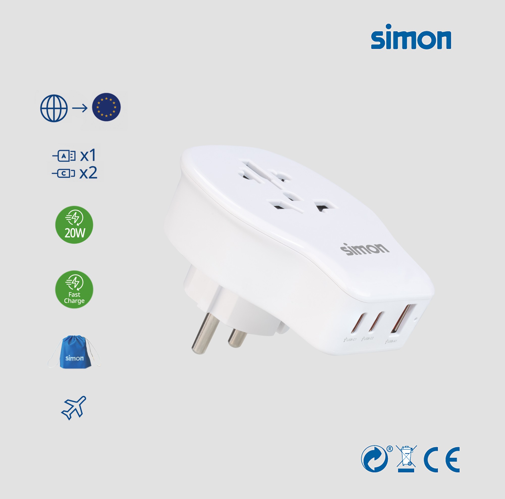 ADAPTADOR DE VIAJE UNIVERSAL PARA EUROPA USB A + 2 USB C 20W SIMON