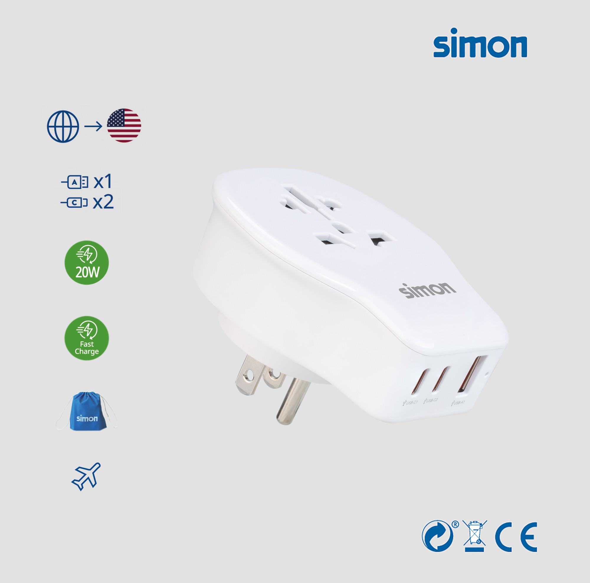 ADAPTADOR DE VIAJE UNIVERSAL PARA US USB A + 2 USB C 20W SIMON