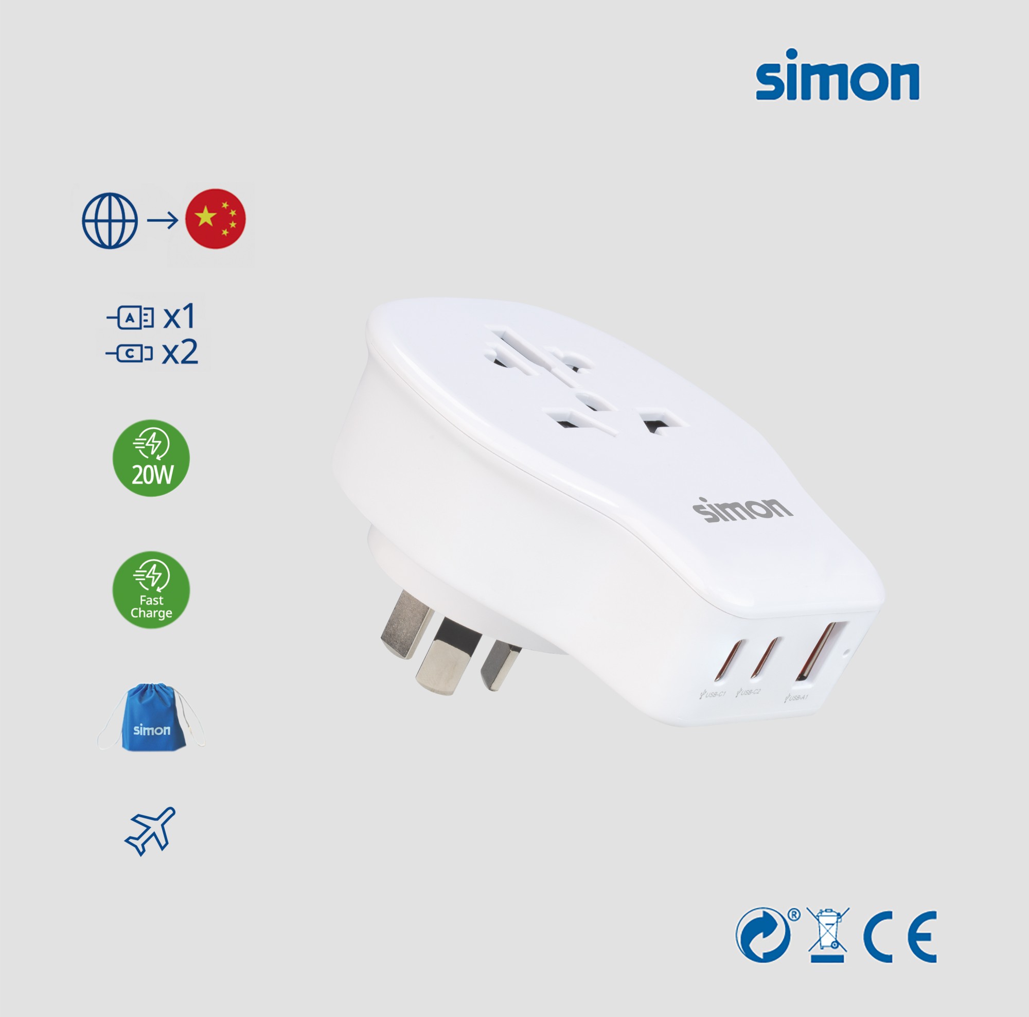 ADAPTADOR DE VIAJE UNIVERSAL PARA CHINA USB A + 2 USB C 20W SIMON