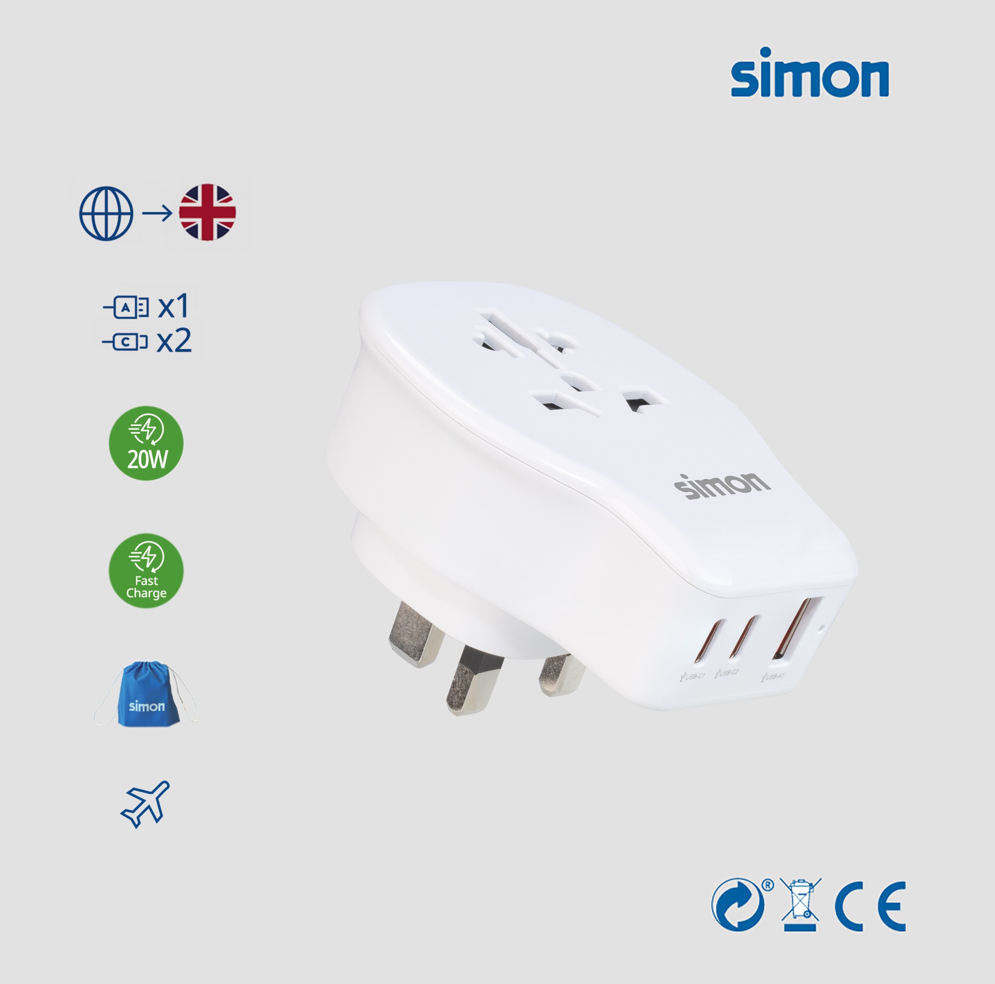 ADAPTADOR DE VIAJE UNIVERSAL PARA REINO UNIDO USB A + 2 USB C 20W SIMON
