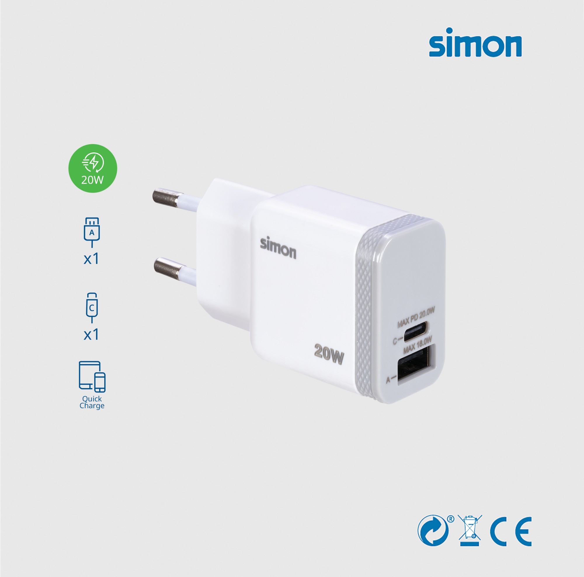 CARGADOR  POWER DELIVERY USB C USB A 20,0W MAX. SIMON