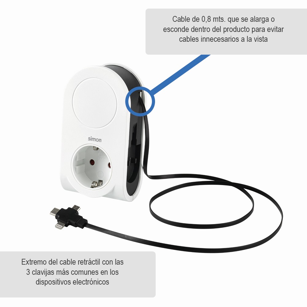 ADAPTADOR 3 CONECTORES USB + 1 USB A + 1 TOMA 16A 250V SIMON