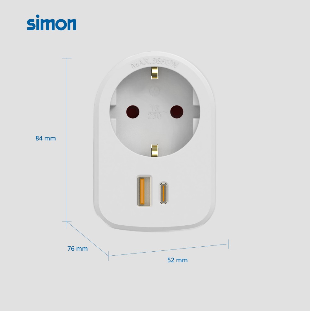 ADAPTADOR COMBI 30W USB A + C + 1 TOMA 16A 250V SIMON (Blanco)