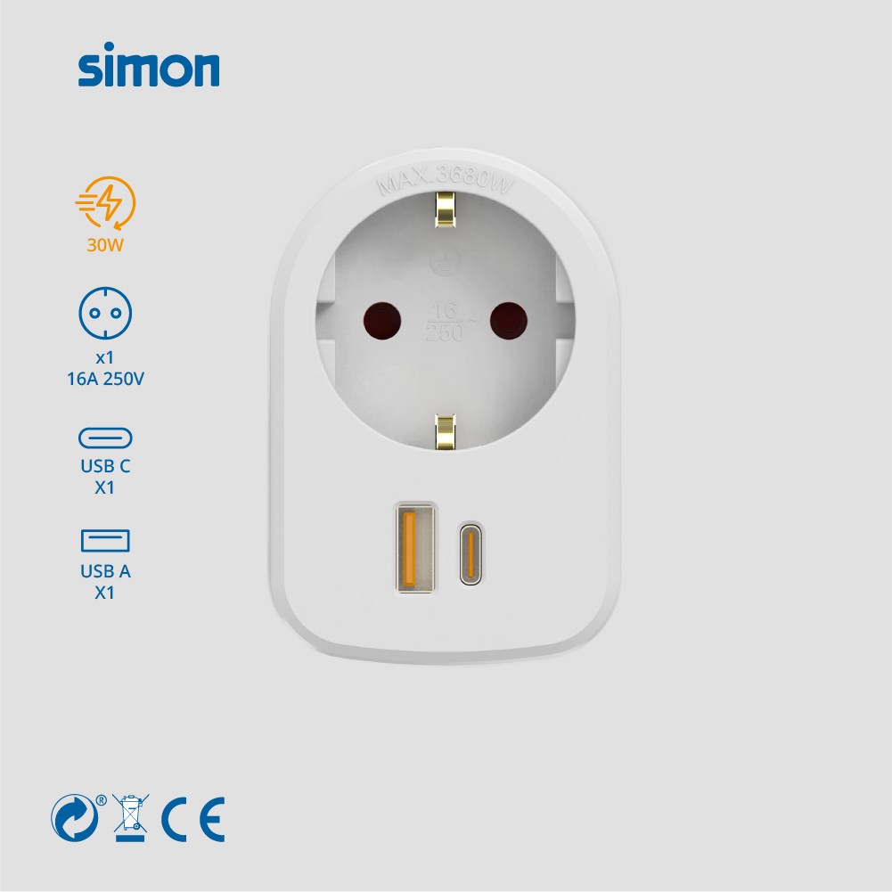 ADAPTADOR COMBI 30W USB A + C + 1 TOMA 16A 250V SIMON (Blanco)