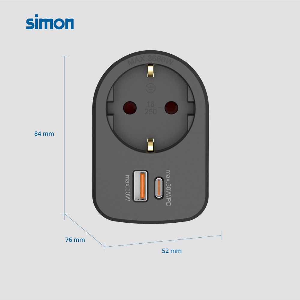 ADAPTADOR COMBI 30W USB A + C + 1 TOMA 16A 250V SIMON