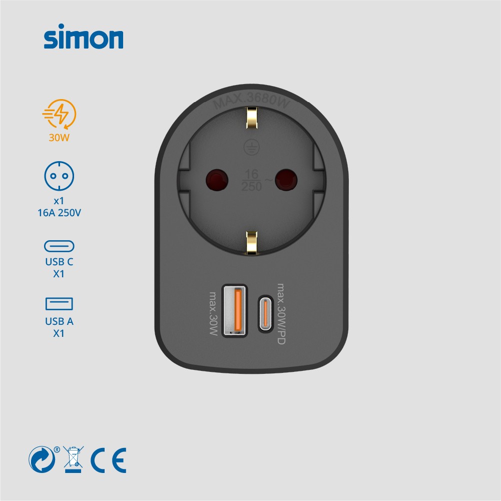 ADAPTADOR COMBI 30W USB A + C + 1 TOMA 16A 250V SIMON