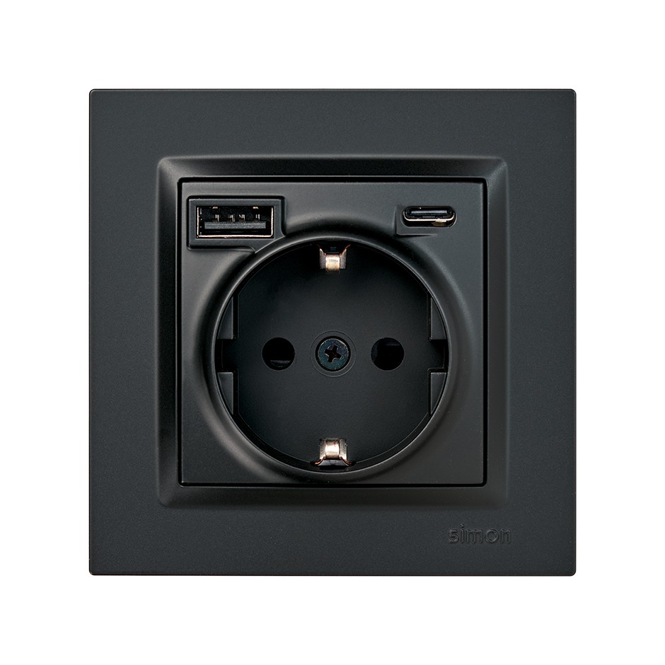 ENCHUFE SCHUKO CON USB A+C NEGRO SIMON 10