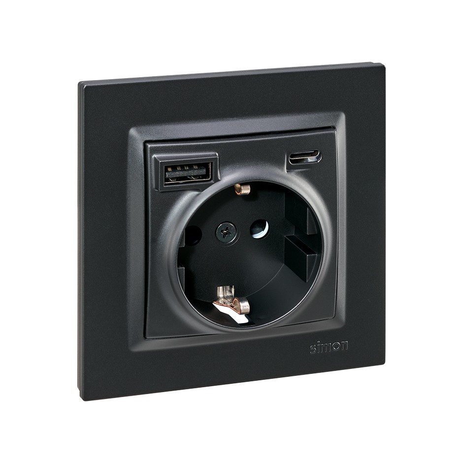 ENCHUFE SCHUKO CON USB A+C NEGRO SIMON 10
