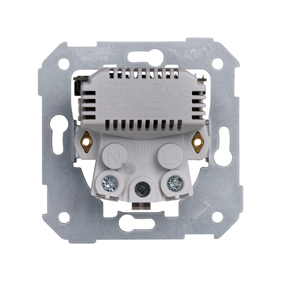 Base de enchufe schuko con doble cargador USB A + C 10,5W Simon 75