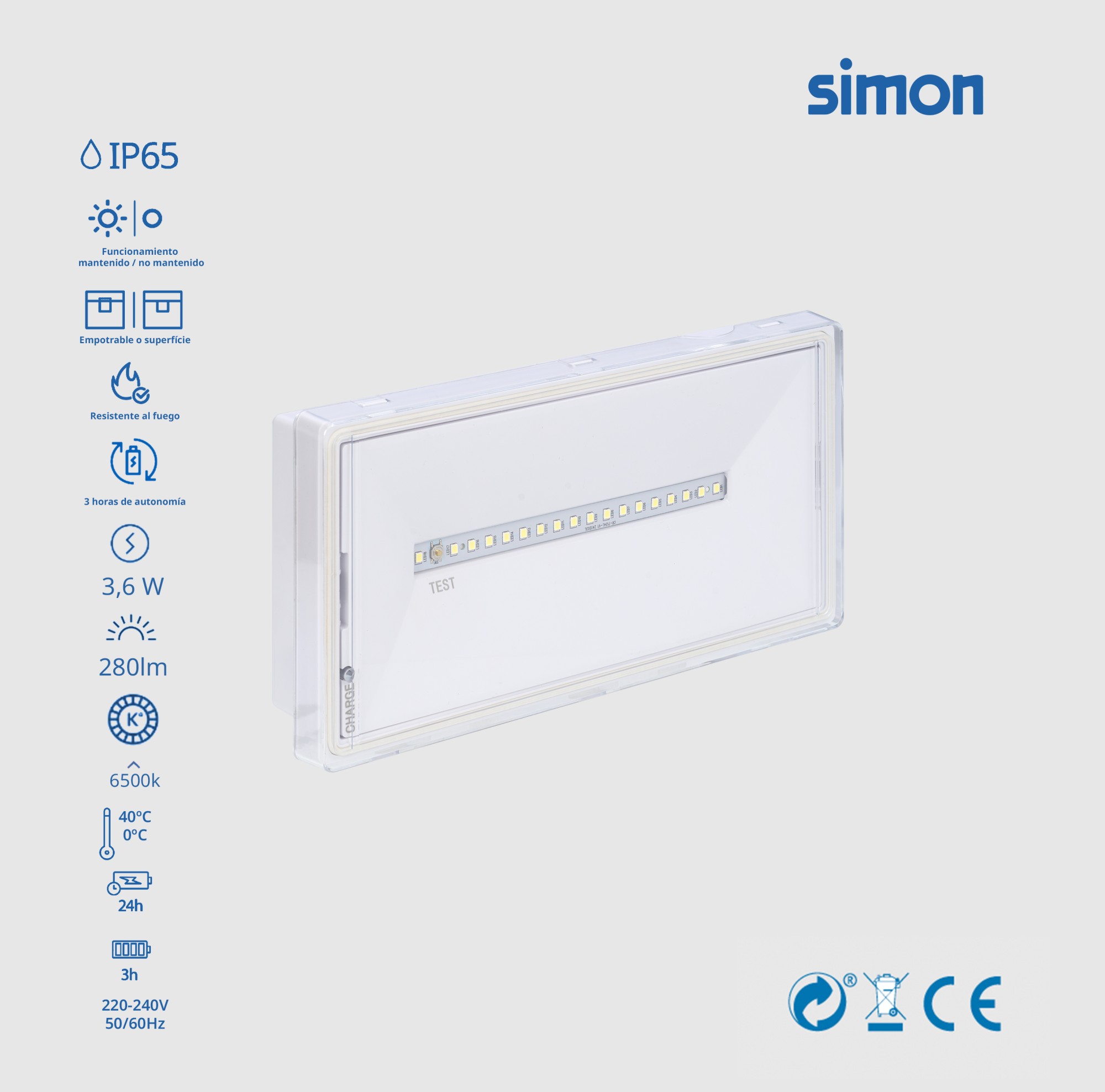 LUMINARIA DE EMERGENCIA LED 280 LÚMENES A BATERÍA IP65 SIMON
