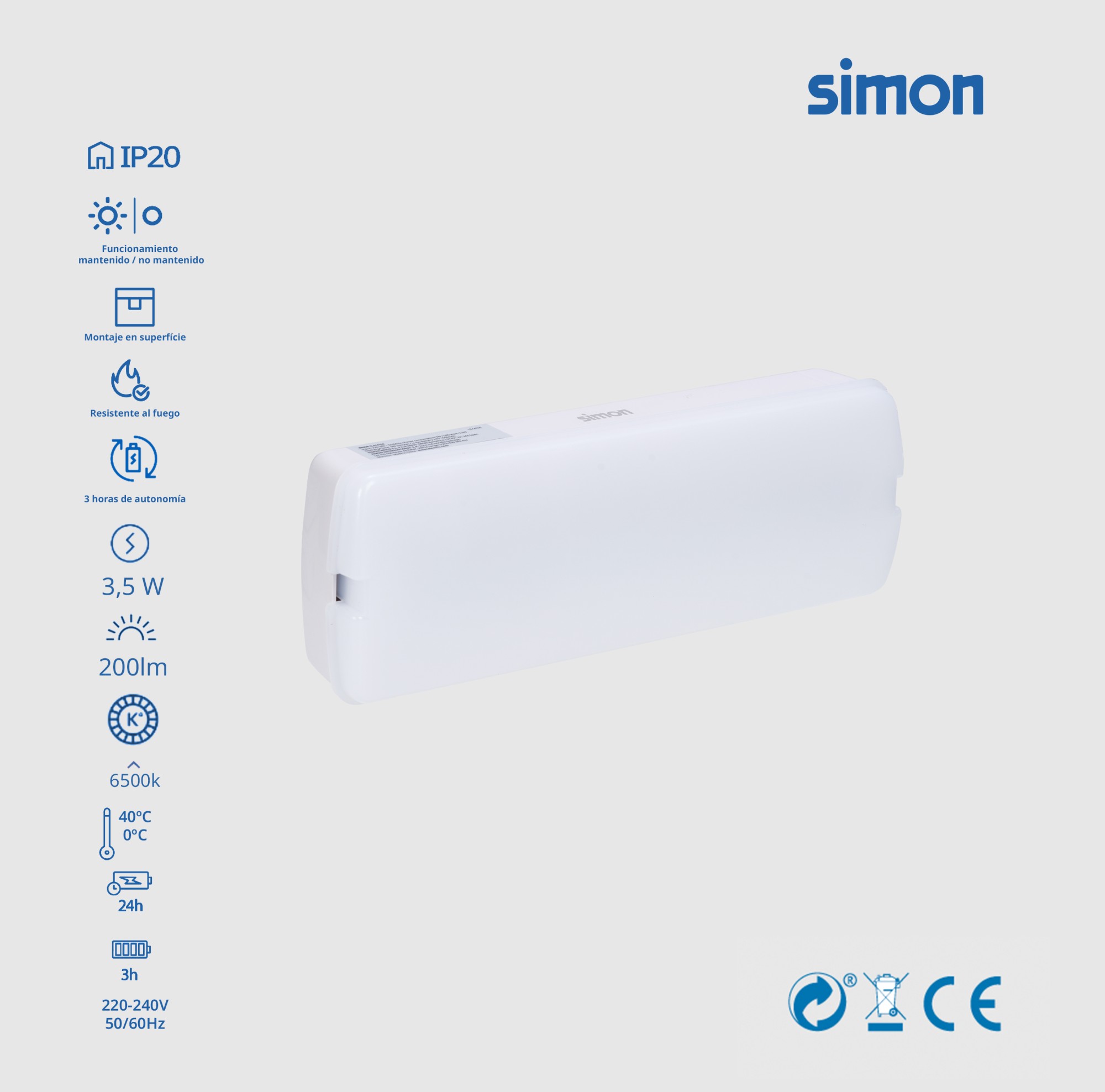 LUMINARIA DE EMERGENCIA LED 200 LÚMENES A BATERÍA IP20 SIMON