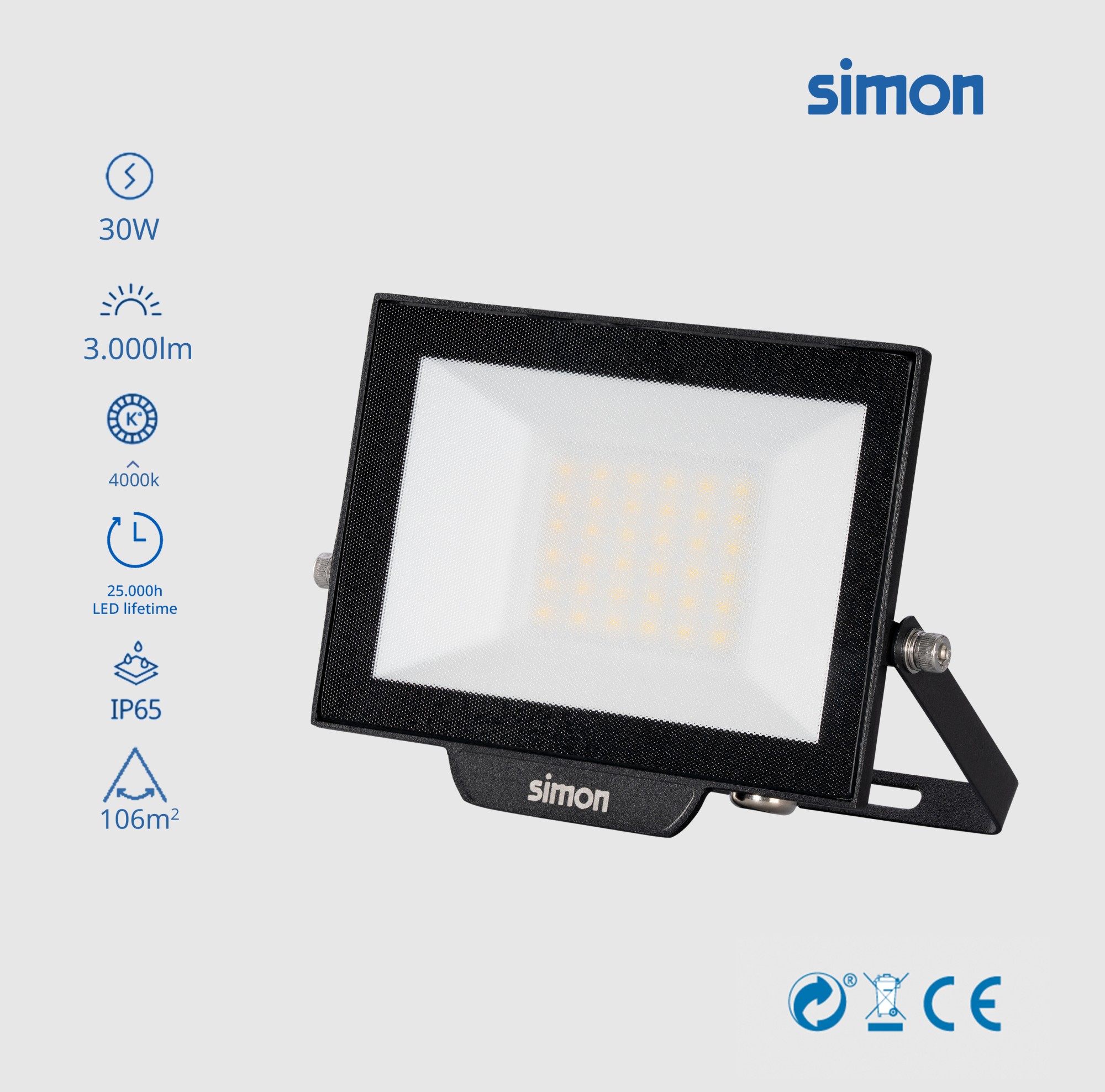 PROYECTOR  LED 30W 3000 LÚMENES LUZ NEUTRA 4000K IP65 Simon