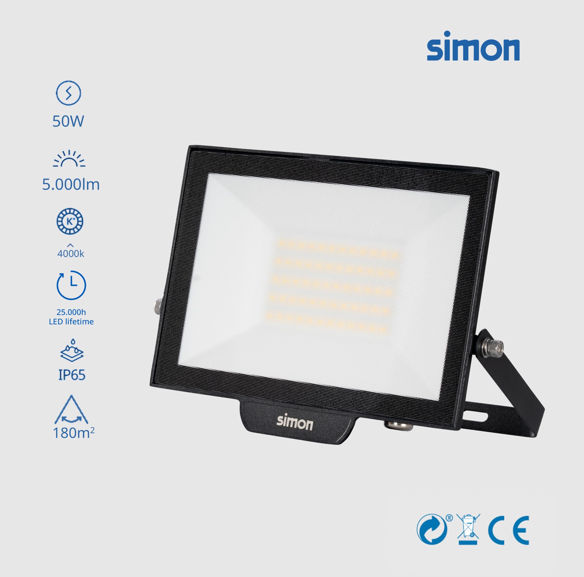PROYECTOR  LED 50W 5000 LÚMENES LUZ NEUTRA 4000K IP65 Simon