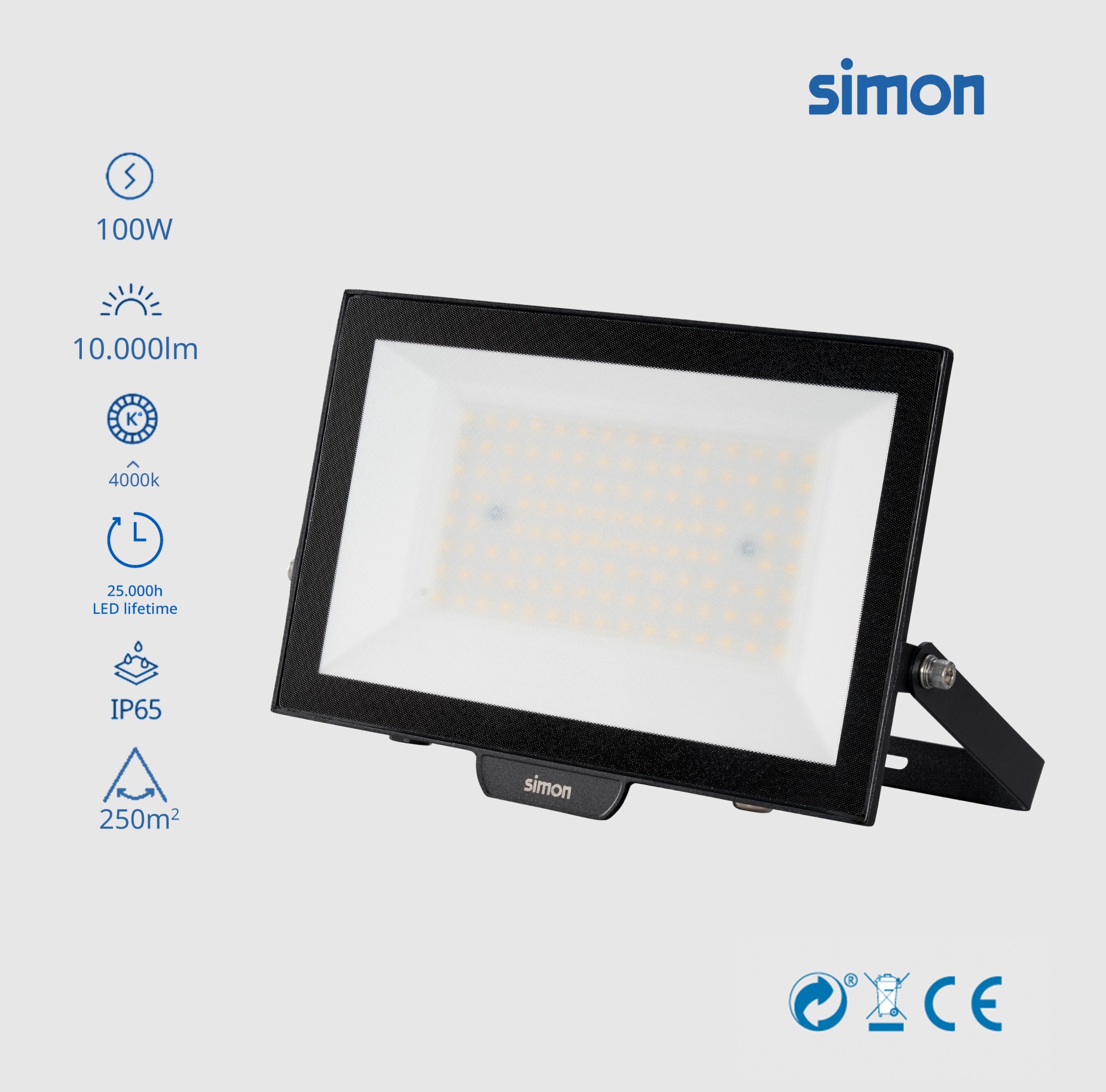 PROYECTOR  LED 100W 10000 LÚMENES LUZ NEUTRA 4000K IP65 Simon