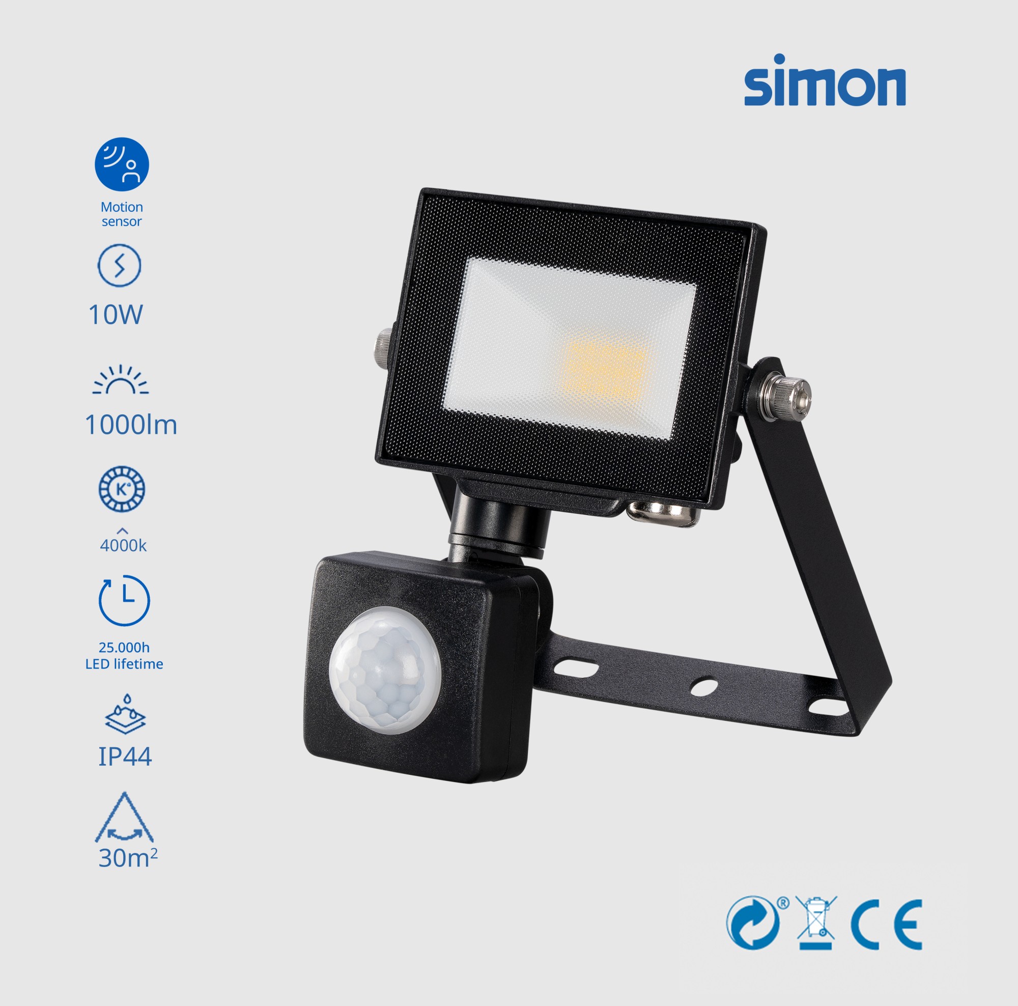 PROYECTOR LED PIR 10W 1000 LÚMENES LUZ NEUTRA 4000K IP44 Simon