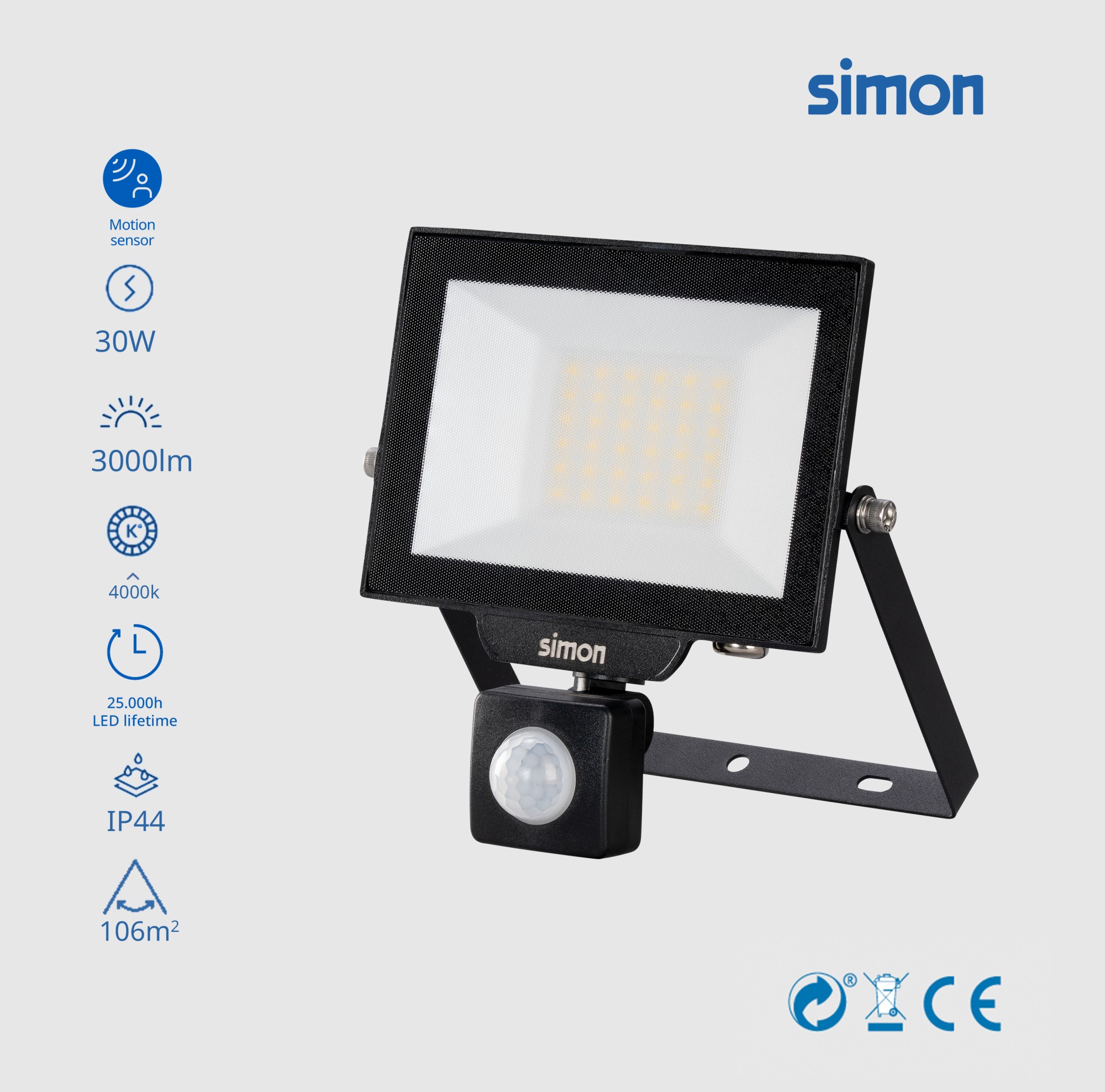 PROYECTOR LED PIR 30W 3000 LÚMENES LUZ NEUTRA 4000K IP44 Simon
