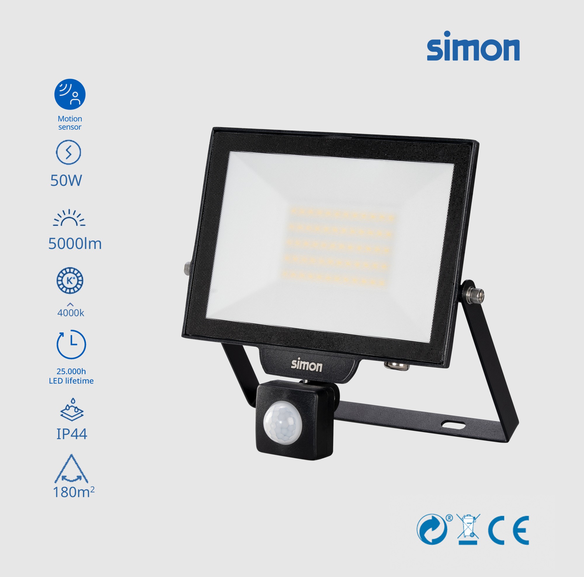 PROYECTOR LED PIR 50W 5000 LÚMENES LUZ NEUTRA 4000K IP44 Simon
