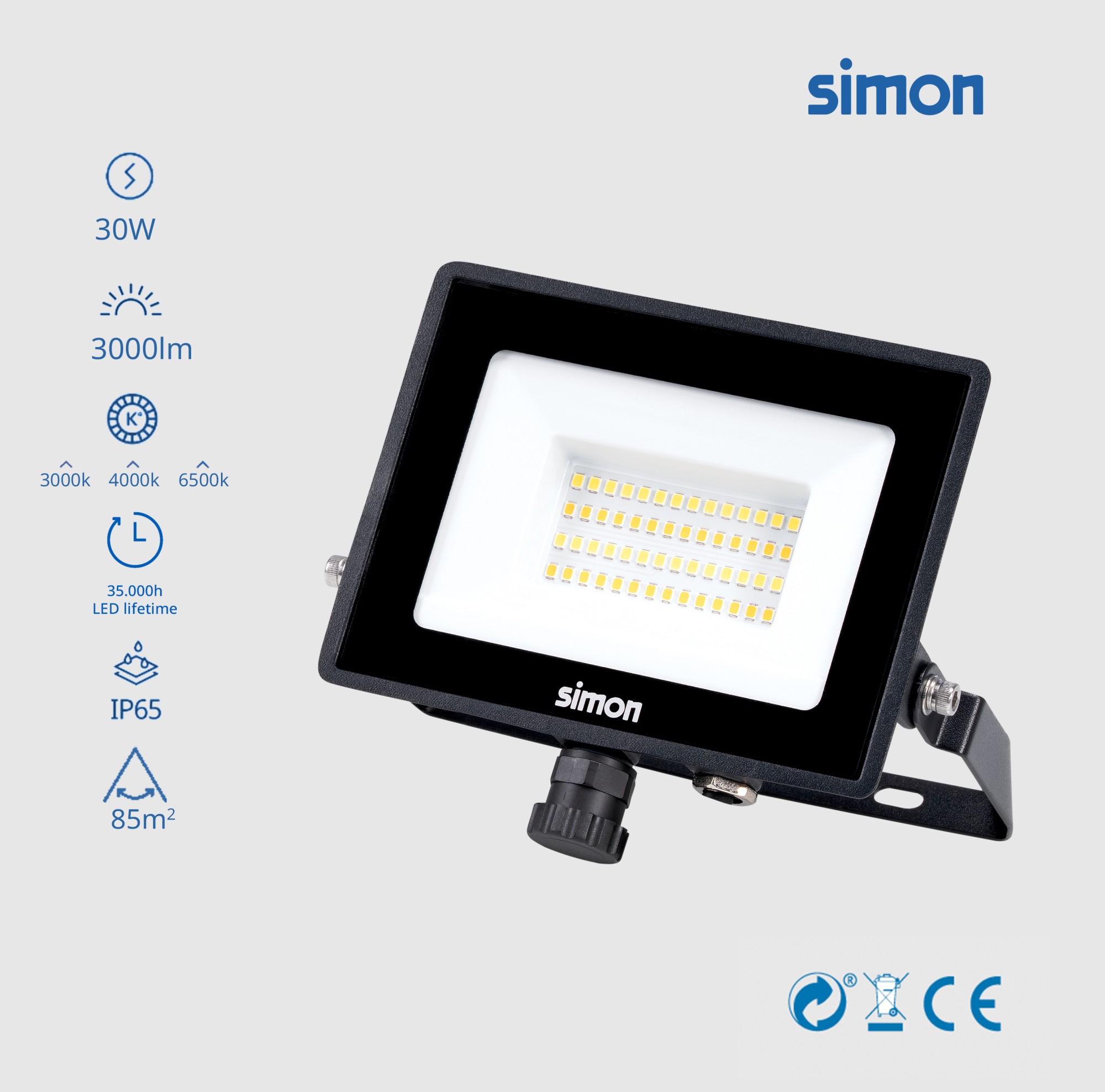PROYECTOR LED CCT 30W 3000 LÚMENES 3000-4000-6500K IP65 Simon