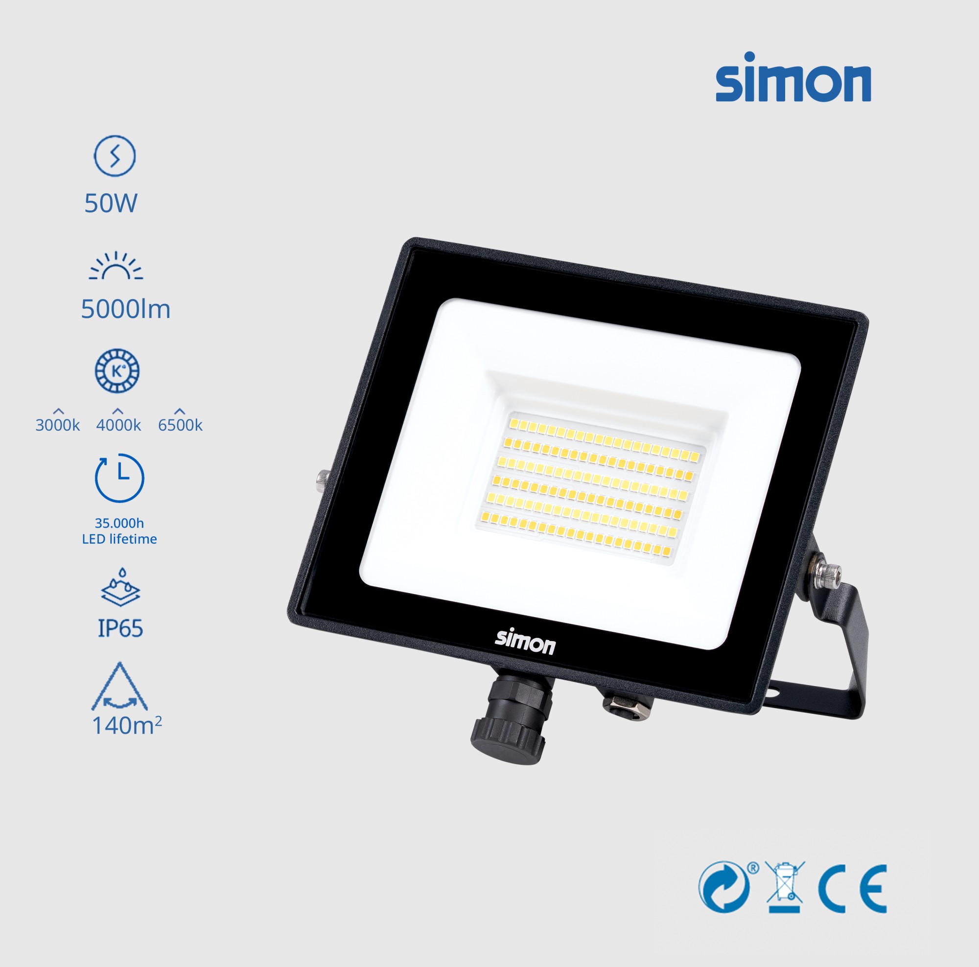 PROYECTOR LED CCT 50W 5000 LÚMENES 3000-4000-6500K IP65 Simon