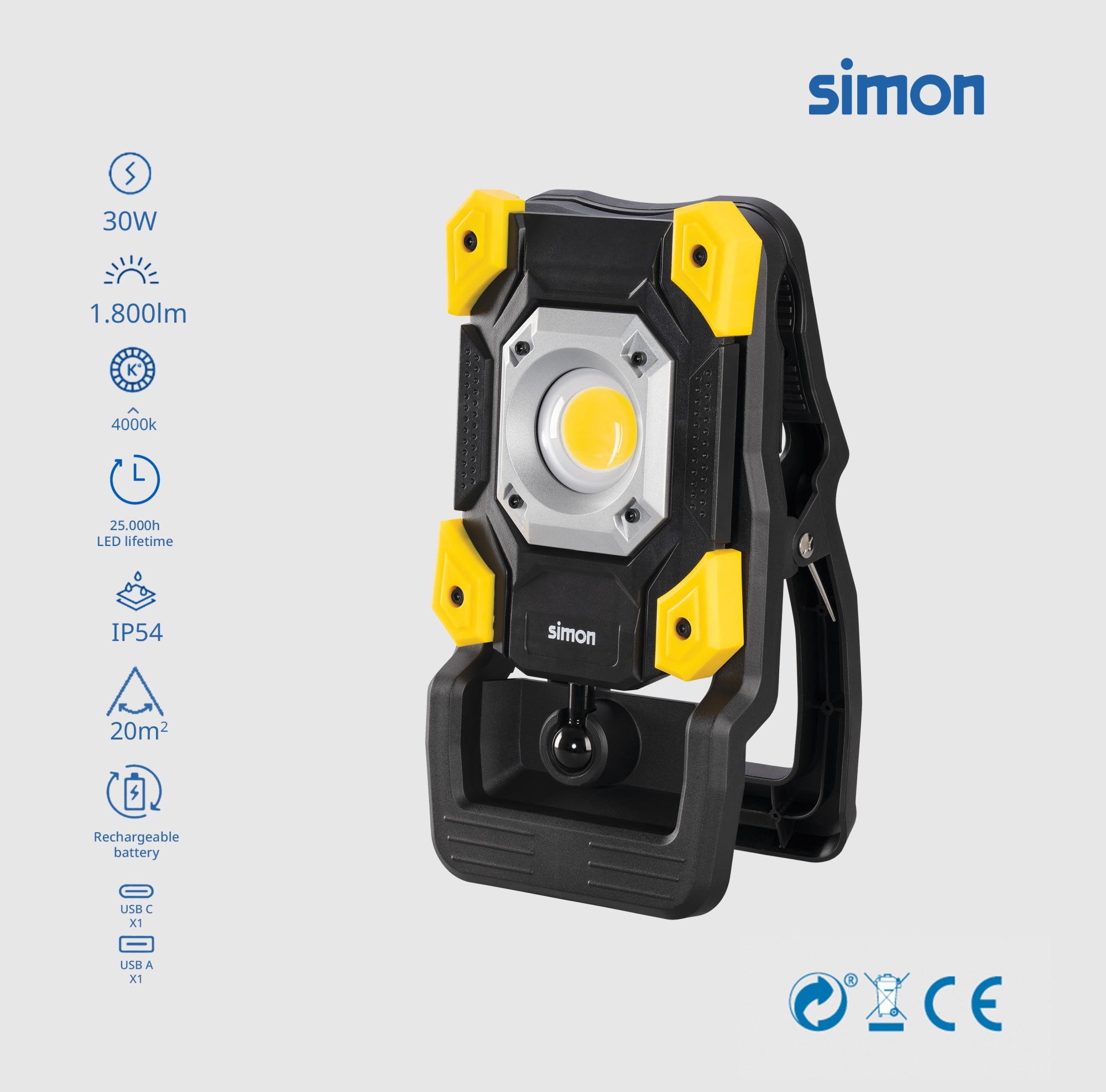 LÁMPARA DE TRABAJO 30W 1800 LÚMENES 4000K IP54 Simon