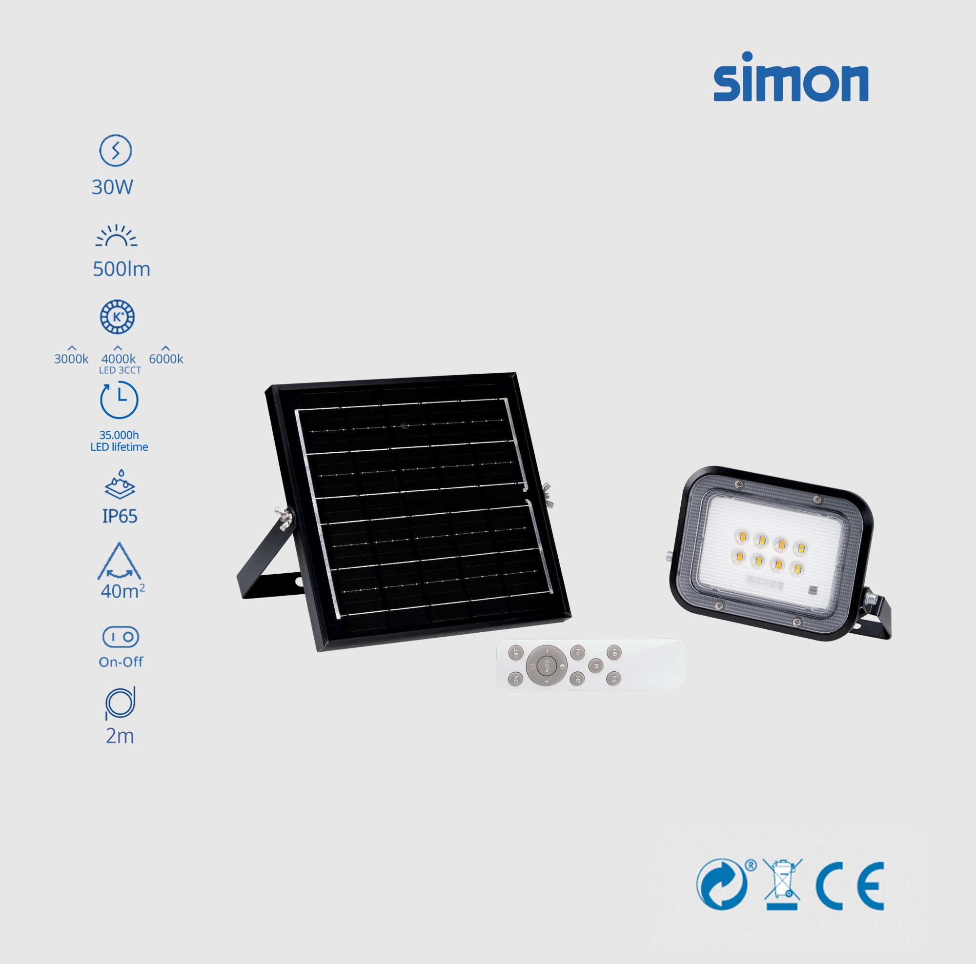 PROYECTOR LED SOLAR CCT 30W 500  LÚMENES LUZ NEUTRA 3000-4000-6000K IP65 Simon