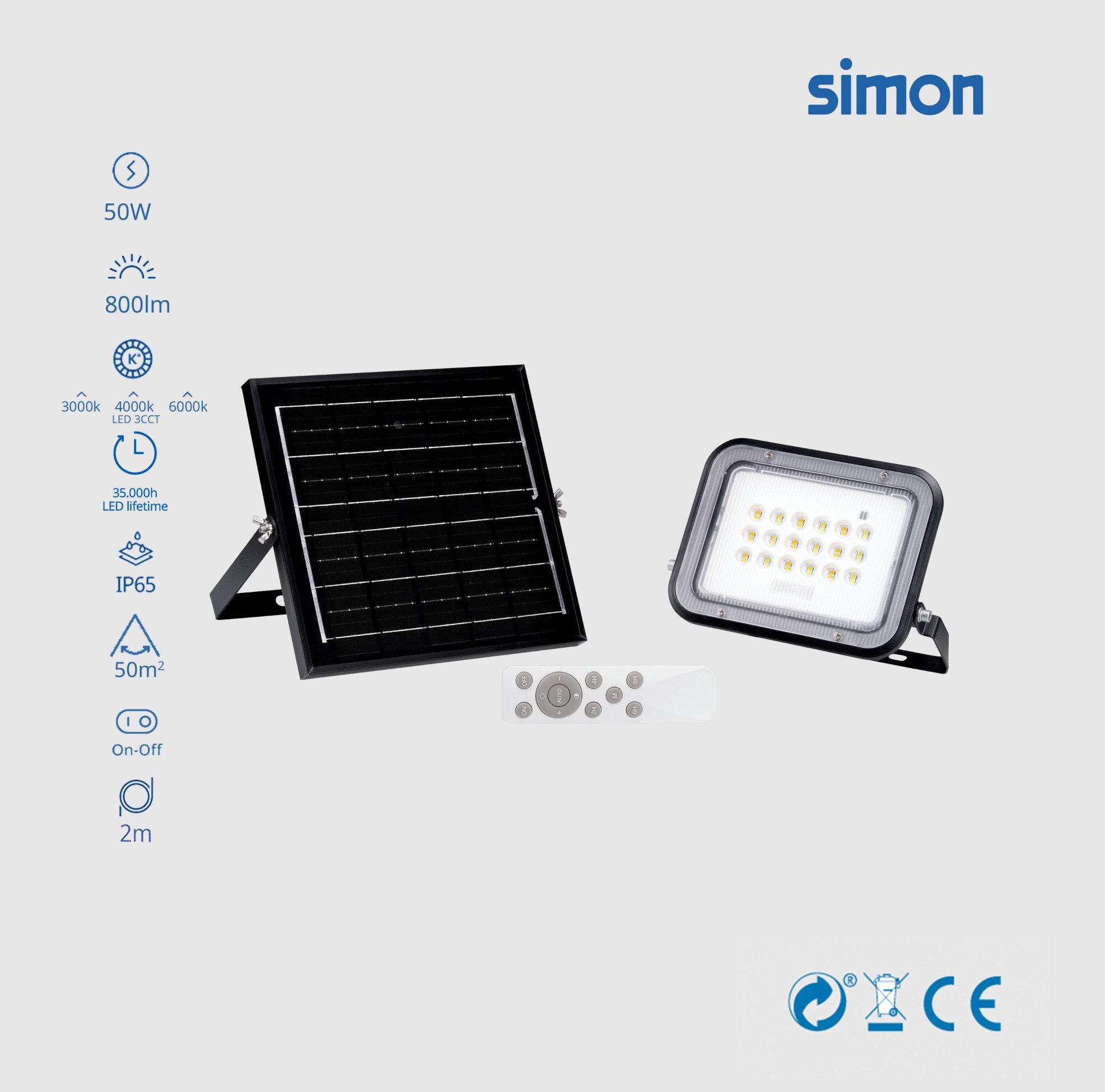 PROYECTOR LED SOLAR CCT 50W 800 LÚMENES LUZ NEUTRA 3000-4000-6000K IP65 Simon