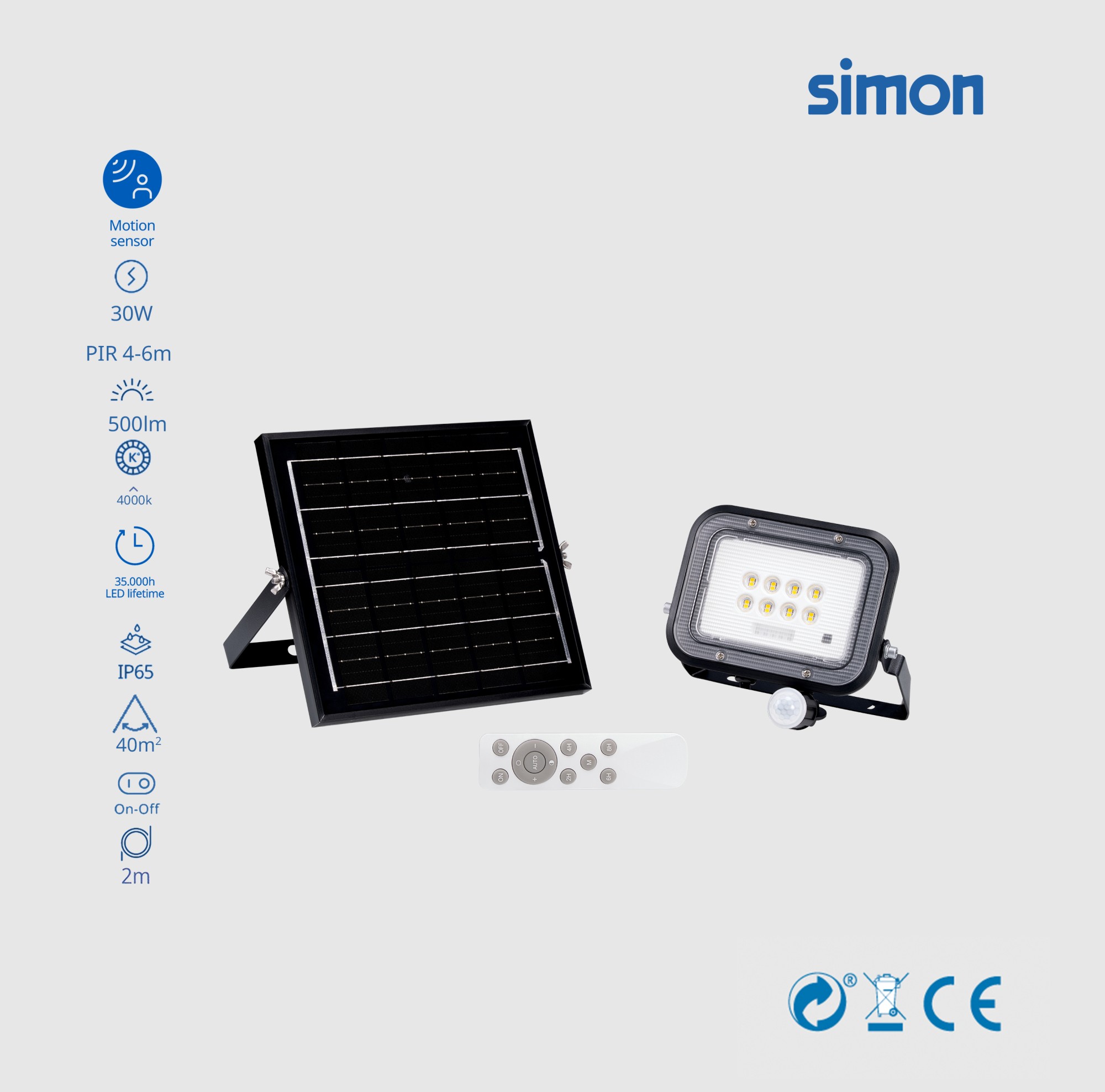 PROYECTOR LED SOLAR PIR 30W 500 LÚMENES LUZ NEUTRA 4000K IP65 Simon