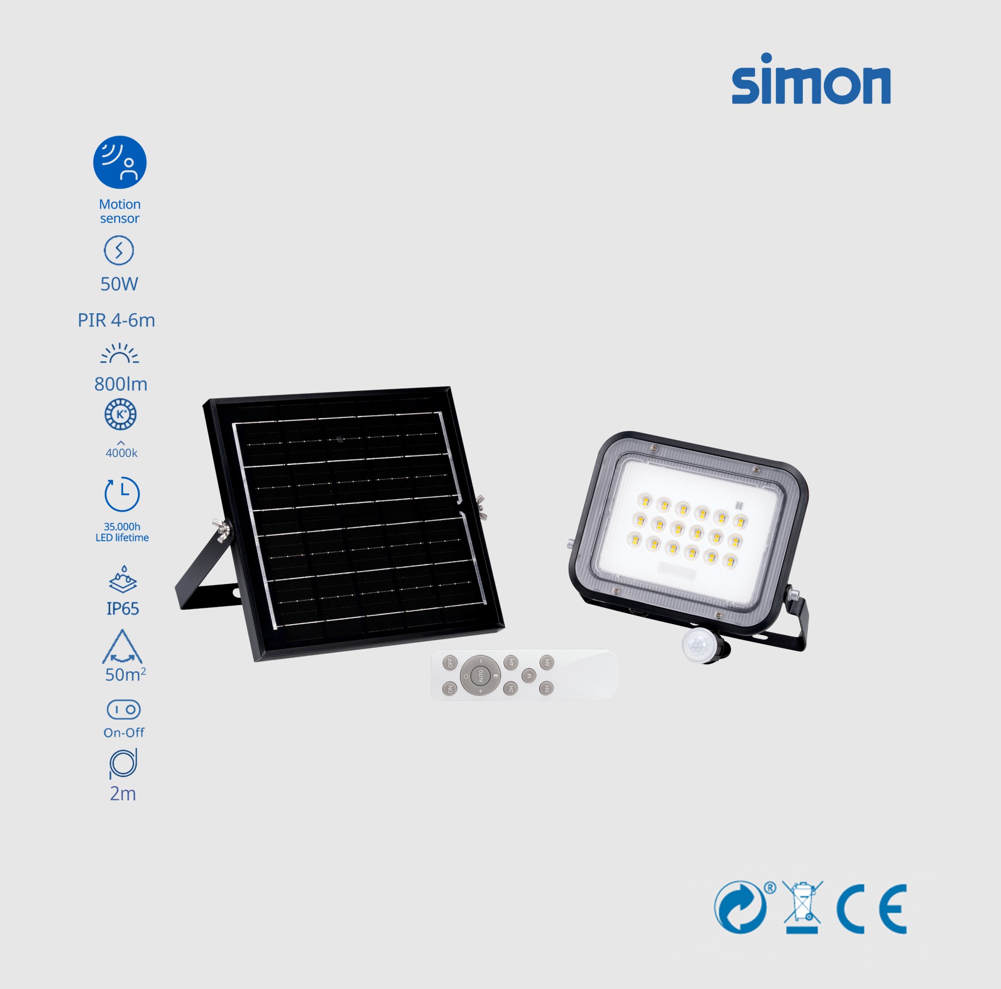 PROYECTOR LED SOLAR PIR 50W 800  LÚMENES LUZ NEUTRA 4000K IP65 Simon