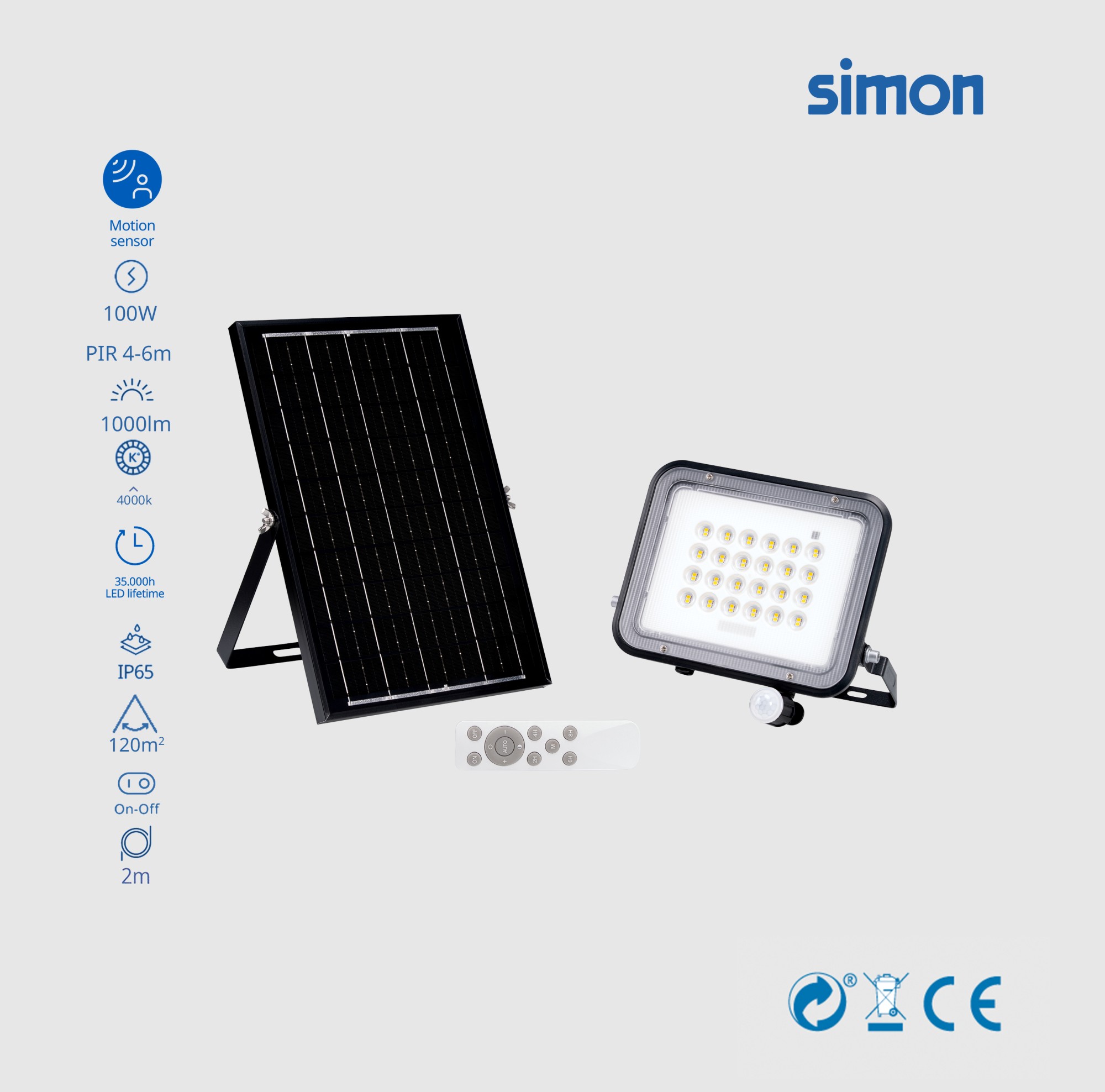 PROYECTOR LED SOLAR PIR 100W 1000  LÚMENES LUZ NEUTRA 4000K IP65 Simon