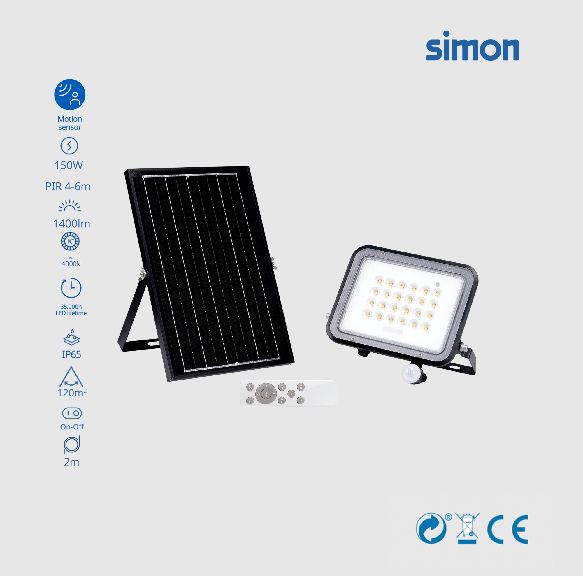 PROYECTOR LED SOLAR PIR 150W 1400  LÚMENES LUZ NEUTRA 4000K IP65 Simon