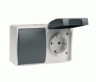 INTERRUPTOR/CONMUTADOR Y BASE ENCHUFE SCHUKO 16A 250V GRIS/NEGRO DE SUPERFCIE EXTERIOR IP44 SERIE ATLANTIS SIMON BRICO