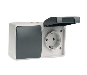 INTERRUPTOR/CONMUTADOR Y BASE ENCHUFE SCHUKO 16A 250V GRIS/NEGRO DE SUPERFCIE EXTERIOR IP44 SERIE ATLANTIS SIMON BRICO
