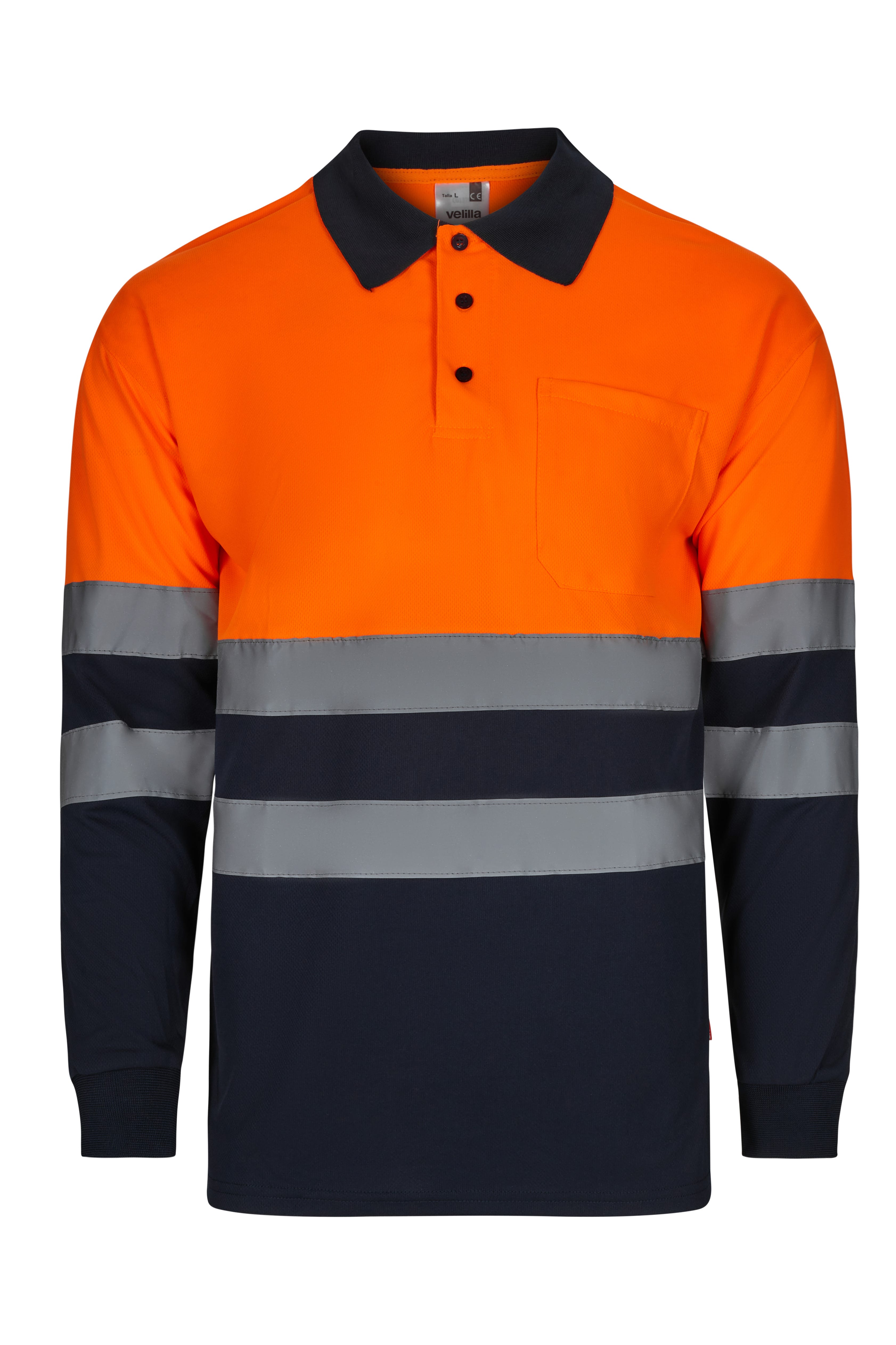305507.POLO BICOLOR ML AV AZUL MARINO/NARANJA FLÚOR S